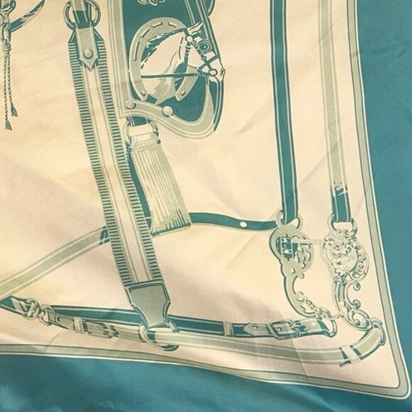 turquoise cream silk horse bridles equestrian hand rolled sewn scarf - Picture 5 of 8